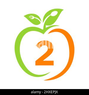 Healthy Food Logo On Letter 2, Apple Health Care Vector Template. Apple Logo Template With 2 Letter Fork, Spoon Concept Restaurant Sign Stock Vector