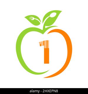 Healthy Food Logo On Letter 1, Apple Health Care Vector Template. Apple Logo Template With 1 Letter Fork, Spoon Concept Restaurant Sign Stock Vector