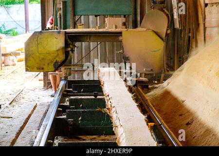 Sawmill. Process of machining logs in sawmill machine saws the tree trunk Stock Photo