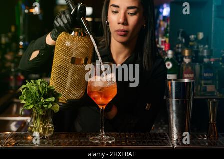 The young Latin brunette prepares a cocktail at the bar counter. job waitress profession Stock Photo