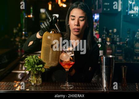 The young Latin brunette prepares a cocktail at the bar counter. job waitress profession Stock Photo