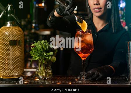 The young Latin brunette prepares a cocktail at the bar counter. job waitress profession Stock Photo