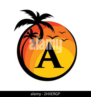 Beach Logo On Letter A Vector Sign. Summer Vacation On Tropical Beach with A Logotype. Sunset Summer Travel Logo Beach, Sea, Sunset Logo Design Stock Vector