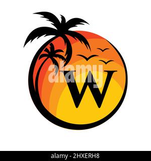 Beach Logo On Letter W Vector Sign. Summer Vacation On Tropical Beach with W Logotype. Sunset Summer Travel Logo Beach, Sea, Sunset Logo Design Stock Vector