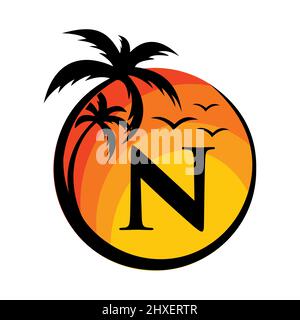 Beach Logo On Letter N Vector Sign. Summer Vacation On Tropical Beach with N Logotype. Sunset Summer Travel Logo Beach, Sea, Sunset Logo Design Stock Vector