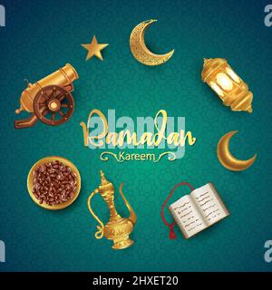 Eid Mubarak and Ramadan Kareem beautiful greetings. golden lamp hanging in crescent golden background .vector illustration design Stock Vector