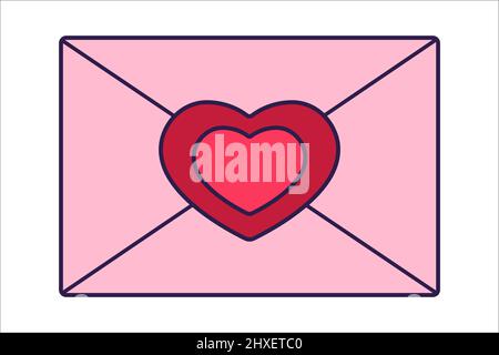 Retro Valentine Day icon greeting envelope with hearts. Love symbol in the fashionable pop line art style. The cute letter is in soft pink, red, and c Stock Vector