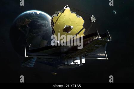 The James Webb telescope orbiting planet Earth. JWST launch art. Elements of image provided by Nasa Stock Photo