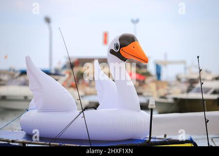 Inflatable circle white swan on the boat close-up Stock Photo