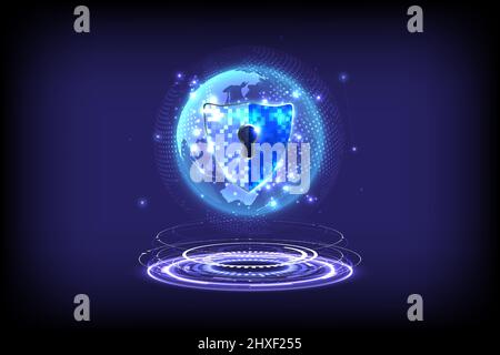 Abstract holographic background. Futuristic glowing HUD of hologram padlock with keyhole-shield icon in personal data security. Cyber safety data or i Stock Vector