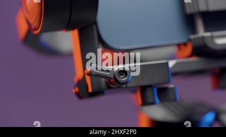 Portable video camera or smartphone electronic stabilizing system details. Action. Extreme close up of professional equipment for shooting isolated on Stock Photo