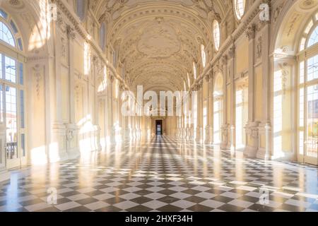 VENARIA REALE, ITALY - CIRCA SEPTEMBER 2020: luxury marble for this gallery interior. The Great Gallery is located in Reggia di Venaria Reale (Venaria Stock Photo