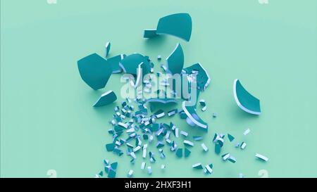 Breaking 3d ball on isolated background. Design. Beautiful glass ball falls and breaks. Glass colored ball breaks into many small fragments Stock Photo