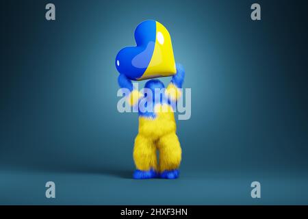 Furry character in Ukraine National Flag Color holding a heart of Ukraine over his head. 3D rendering. Stock Photo