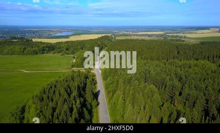 Bird's-eye view. Clip. A huge forest with dry fields behind and a beautiful clear sky on the milestone and a small pond can be seen in the distance. Stock Photo
