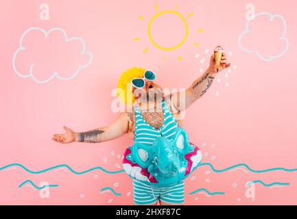 Fat man with beard and life buoy for children eats an icecream Stock Photo