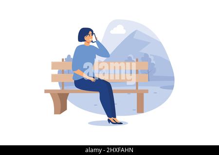 Woman using phone sitting on the bench in paprk. Freelance or studying concept. online education. Vector illustration in flat style Stock Vector