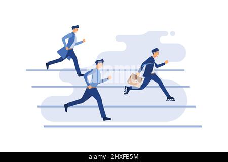 White collar workers in black suit racing on running track and a smart one carrying briefcase gets ahead by wearing inline skates. Creative vector car Stock Vector