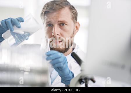 scientist examining liquid samples in the laboratory. Stock Photo