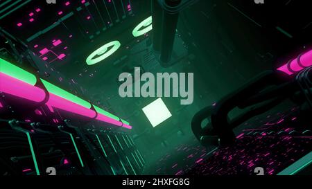 Animation of clean and dark futuristic alien scifi fantasy hangar. Motion. View inside of an abstract tunnel or corridor with gring and pink Stock Photo