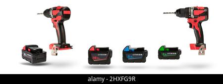 Batteries for cordless tools, a large set of tools from different angles. Batteries for a screwdriver of different capacities and different sizes Stock Photo