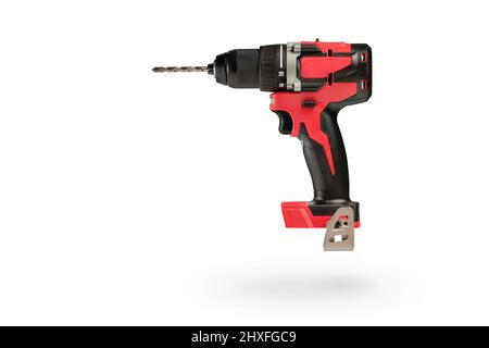 Cordless tool isolated on white background. Cordless screwdriver with a drill inserted into a chuck on a white background. Screwdriver with battery Stock Photo