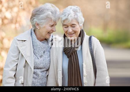 Friendship in their autumn years. Two senior women having a friendly conversation outside with autumn leaves in the background. Stock Photo
