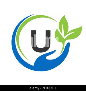 Hand On Letter U Logo Design. U Healthcare Care, Foundation with Hand Symbol Stock Vector