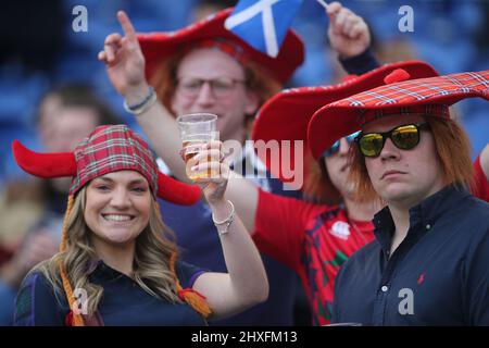 Rome, Italy - 12.03 2022: FANS ON THE STAND  during 2022 Guinness Six Nations Test Match, Italy vs. Scotland at olympic stadium in Rome. Stock Photo