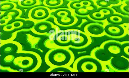 Glowing colorful green intersected circles creating a transforming a transforming and changing field. Design. Stains resembling falling rains drops.