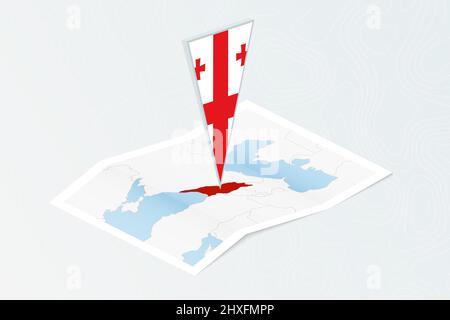 Isometric paper map of Georgia with triangular flag of Georgia in isometric style. Map on topographic background. Vector illustration. Stock Vector