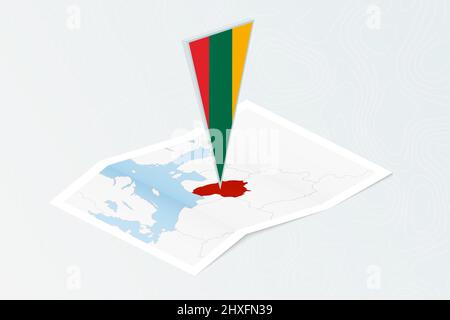 Isometric paper map of Lithuania with triangular flag of Lithuania in isometric style. Map on topographic background. Vector illustration. Stock Vector