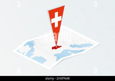 Isometric paper map of Switzerland with triangular flag of Switzerland in isometric style. Map on topographic background. Vector illustration. Stock Vector