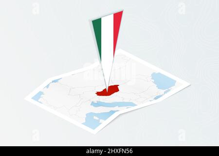 Isometric paper map of Hungary with triangular flag of Hungary in isometric style. Map on topographic background. Vector illustration. Stock Vector