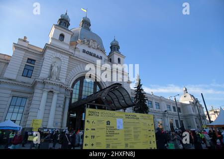 LVIV, UKRAINE - MARCH 11, 2022 - The main railway station is pictured in Lviv, western Ukraine. Stock Photo