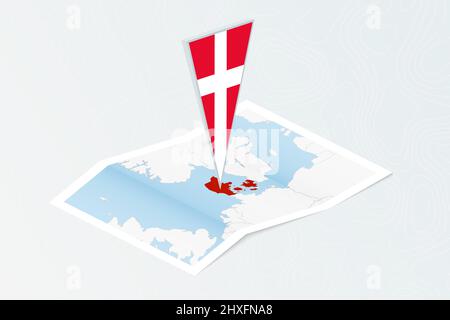 Isometric paper map of Denmark with triangular flag of Denmark in isometric style. Map on topographic background. Vector illustration. Stock Vector