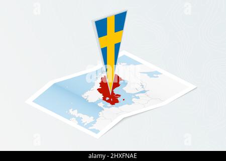 Isometric paper map of Sweden with triangular flag of Sweden in isometric style. Map on topographic background. Vector illustration. Stock Vector