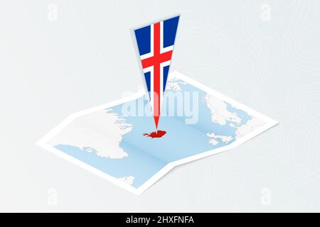 Isometric paper map of Iceland with triangular flag of Iceland in isometric style. Map on topographic background. Vector illustration. Stock Vector
