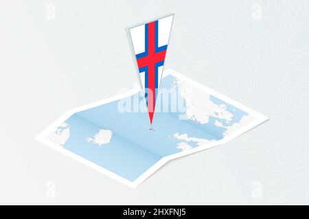 Isometric paper map of Faroe Islands with triangular flag of Faroe Islands in isometric style. Map on topographic background. Vector illustration. Stock Vector