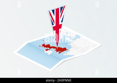 Isometric paper map of United Kingdom with triangular flag of United Kingdom in isometric style. Map on topographic background. Vector illustration. Stock Vector