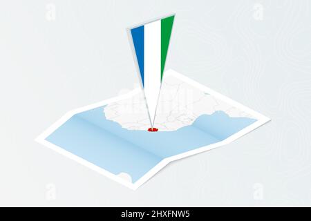 Isometric paper map of Sierra Leone with triangular flag of Sierra Leone in isometric style. Map on topographic background. Vector illustration. Stock Vector