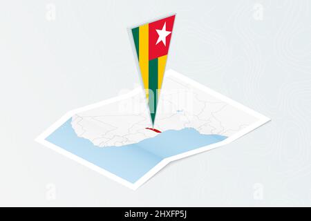 Isometric paper map of Togo with triangular flag of Togo in isometric style. Map on topographic background. Vector illustration. Stock Vector