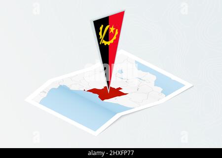 Isometric paper map of Angola with triangular flag of Angola in isometric style. Map on topographic background. Vector illustration. Stock Vector