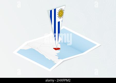Isometric paper map of Uruguay with triangular flag of Uruguay in isometric style. Map on topographic background. Vector illustration. Stock Vector