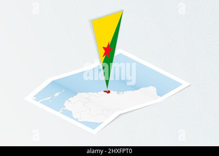 Isometric paper map of French Guiana with triangular flag of French Guiana in isometric style. Map on topographic background. Vector illustration. Stock Vector