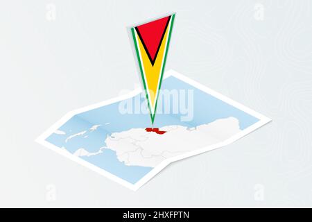 Isometric paper map of Guyana with triangular flag of Guyana in isometric style. Map on topographic background. Vector illustration. Stock Vector