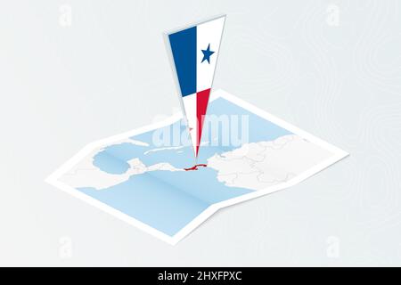 Isometric paper map of Panama with triangular flag of Panama in isometric style. Map on topographic background. Vector illustration. Stock Vector