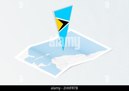 Isometric paper map of Saint Lucia with triangular flag of Saint Lucia in isometric style. Map on topographic background. Vector illustration. Stock Vector