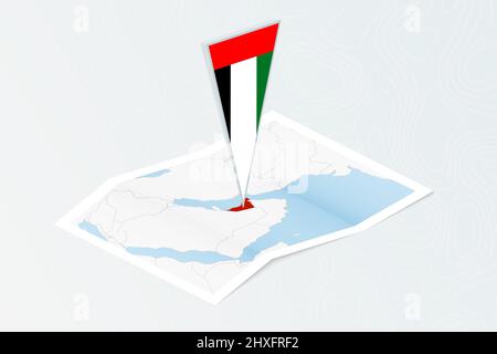 Isometric paper map of United Arab Emirates with triangular flag of United Arab Emirates in isometric style. Map on topographic background. Vector ill Stock Vector