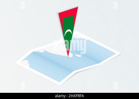 Isometric paper map of Maldives with triangular flag of Maldives in isometric style. Map on topographic background. Vector illustration. Stock Vector